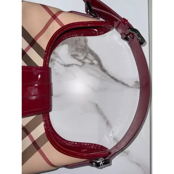 Burberry Nova Check Hobo Bag with Red Patent Trim Shoulder Bags